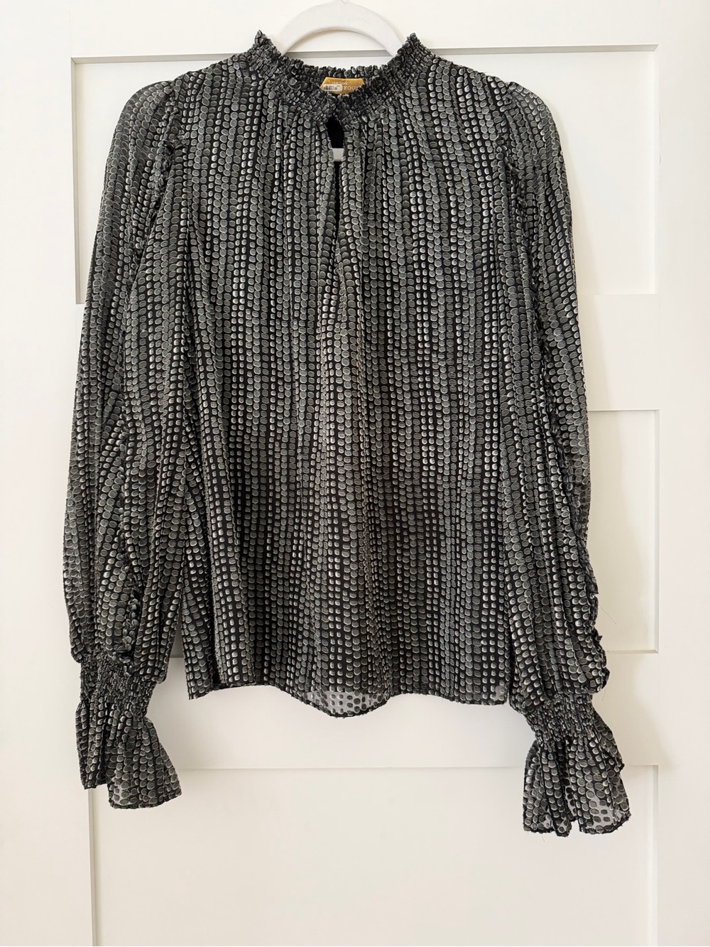 Ramy Brook Black & White Dot-Stripe Ruffled Neck Blouse